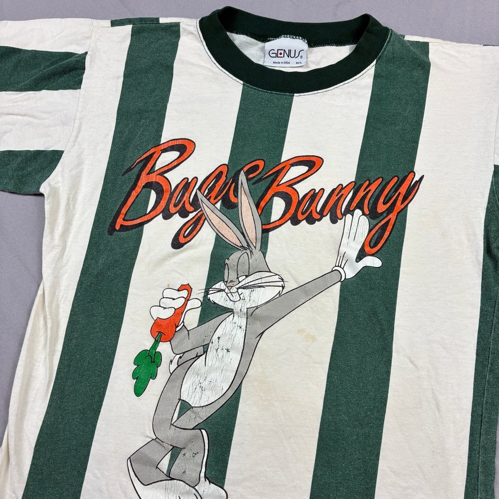 Looney Tunes Bugs Bunny T-Shirt Genus Tag Medium Green White Striped 90s VTG